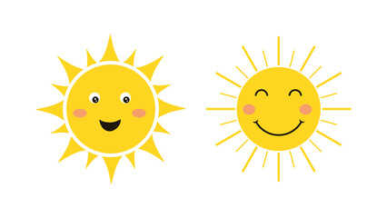 Cute two suns with smiling faces. Happy sun in flat style. Cute summer sunshine emoji. Set of yellow childish sunny emoticons isolated on white background. Baby sun with sunbeams. Vector illustration