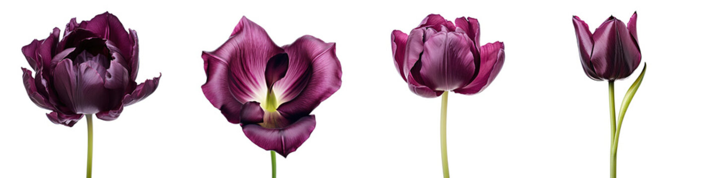 Set of dark purple tulip flowers, isolated on a transparent background. PNG cutout or clipping path.