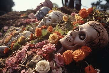 photo of terrifying flower zombies lying next to each other in a cemetery