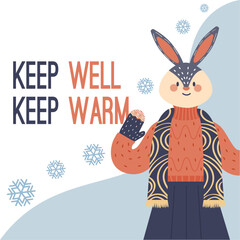 Cute rabbit with sweater and snowflakes vector illustration. Animal character postcard