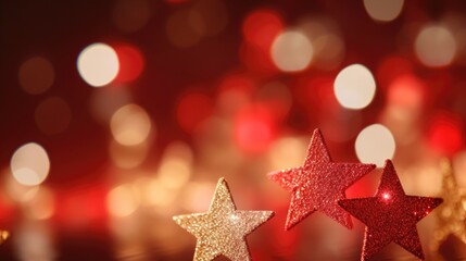 Red stars with sparkles and light effect . New Year, Christmas bokeh background