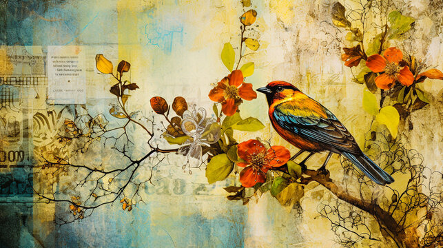 Collage floral avec oiseau sur une branche sur papier textur&eacute;