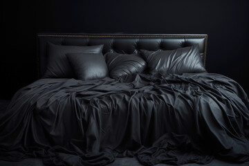 Black crumpled bed linen on the bed with pillows and a blanket