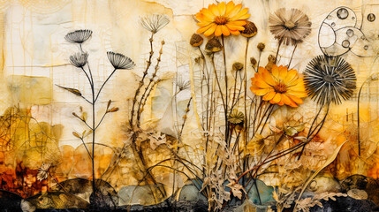 Collage floral sur papier texturé
