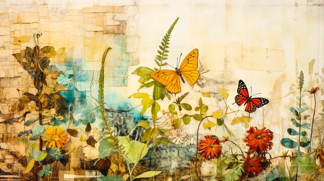 Collage floral avec papillons sur papier texturé