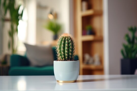 A cactus in a flower pot stands on a table