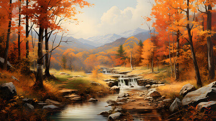 Naklejka premium Fall under the spell of an epic autumn with this stunning banner, featuring a forest bathed in warm, golden hues of leaves. The highly detailed image captures the essence of the season's beauty.