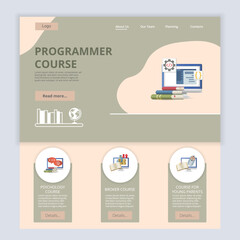 Programmer course flat landing page website template. Psychology course, broker course, course for young parents. Web banner with header, content and footer. Vector illustration.