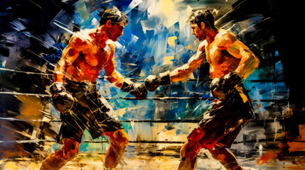 Fototapeta na wymiar Boxing Champions Fight for Championship in Boxing Ring Acrylic Graphic Illustration Wallpaper Digital Art Poster Background Cover Painting
