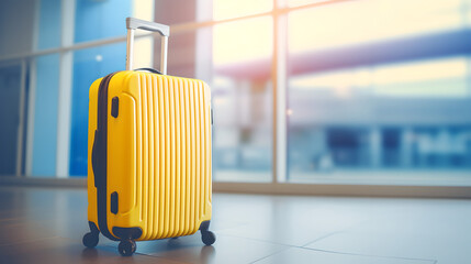 Yellow suitcase and luggage near airport window, Travel concept art, Generative AI
