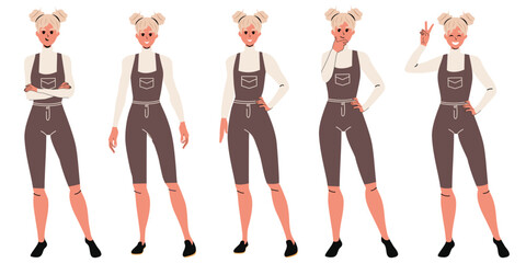 Set of girls with different poses in modern trendy flat style. White background. Emotions Character. Vector stock illustration. Isolated. Overalls. Cloth.