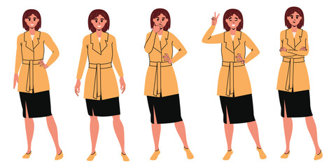 Set of girls with different poses in modern trendy flat style.  Isolated. Cloth. White background. Character. Vector stock illustration. Emotions. 