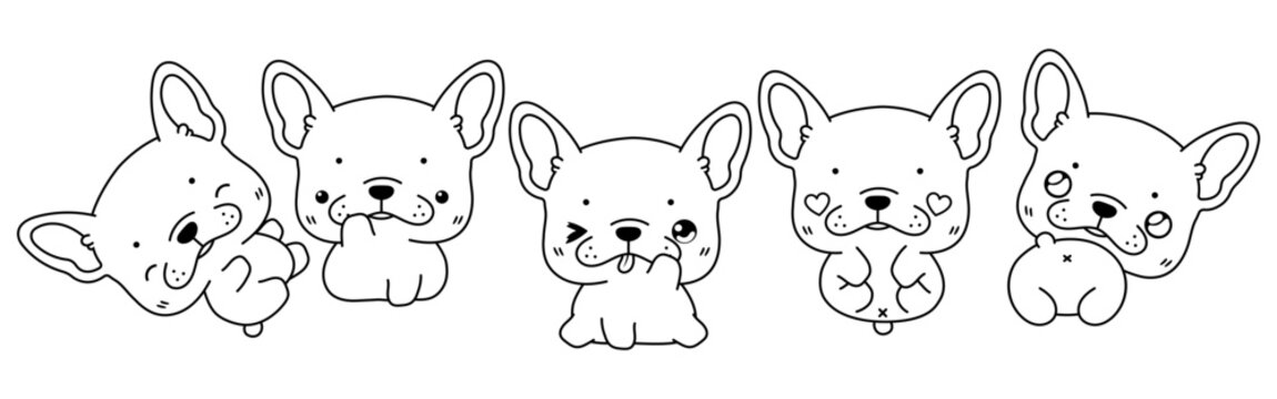 Collection of Vector Cartoon French Bulldog Dog Coloring Page. Set of Kawaii Isolated Animal Outline for Stickers, Baby Shower, Coloring Book, Prints for Clothes