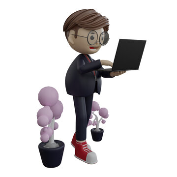 3D illustration of startup concept and business teamwork. 3D render Icon business man illustration. Cartoon businessmen working in office and using social networks.
