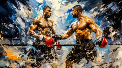 Boxing Champions Fight for Championship in Boxing Ring Acrylic Graphic Illustration Wallpaper Digital Art Poster Background Cover Painting