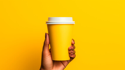 Woman holding takeaway paper coffee cup on a yellow background