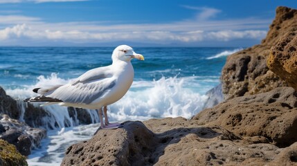 Fototapeta na wymiar A white bird elegantly poised on a rocky shoreline, waves crashing behind.