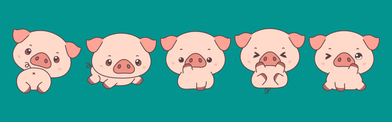 Collection of Vector Cartoon Pig Art. Set of Kawaii Isolated Animal Illustrations for Prints for Clothes, Stickers, Baby Shower, Coloring Pages