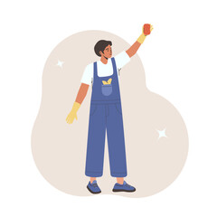 Guy cleaning with a sponge. Сleaning employee vector illustration