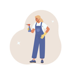 Flta girl cleaning with a spray bottle. Woman character in blue overalls