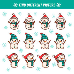Find different snowman in each row. Christmas Logical game for kids. Cartoon snowmen. Doodle. 