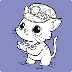 Cute Cat line art Illustration Template Design black and white Feline eating Coloring Page v15