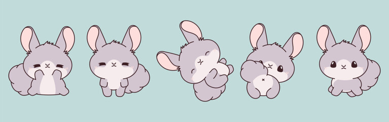 Set of Kawaii Isolated Chinchilla. Collection of Vector Cartoon Rodent Illustrations for Stickers, Baby Shower, Coloring Pages, Prints for Clothes