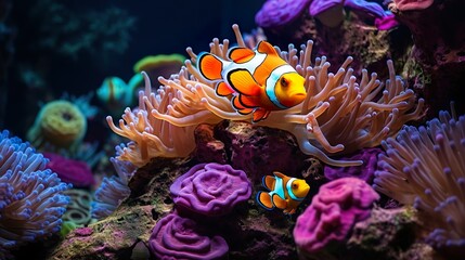 Clownfish Harmony: Amphiprion Ocellaris and Sea Anemone, Amphiprion ocellaris clownfish and anemone in sea - obrazy, fototapety, plakaty