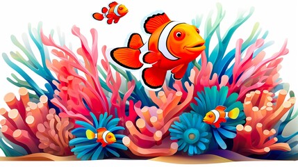 Fototapeta na wymiar Clownfish Harmony: Amphiprion Ocellaris and Sea Anemone, Amphiprion ocellaris clownfish and anemone in sea