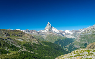 Scenic view of the Matterhorn from the Swiss alps on a clear summer day