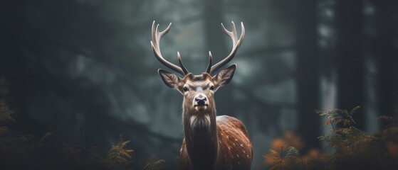 a deer with antlers standing in woods