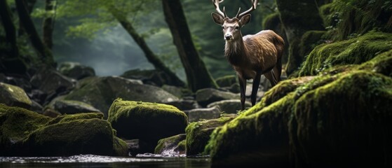 a deer standing on rocks in forest