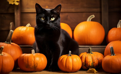 Black Cat Pumpkins: Halloween Background - Portrait of a Black Cat Sitting Between Pumpkins 