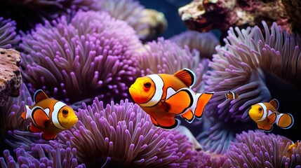 Naklejka na ściany i meble Clownfish Harmony: Amphiprion Ocellaris and Sea Anemone, Amphiprion ocellaris clownfish and anemone in sea