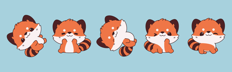Set of Vector Cartoon Animal Illustrations. Collection of Kawaii Isolated Red Panda Art for Stickers, Prints for Clothes, Baby Shower, Coloring Pages