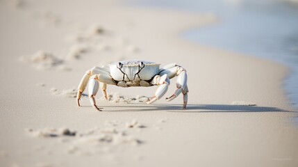 A white crab scuttling across a sandy beach, leaving a trail of footprints. - obrazy, fototapety, plakaty