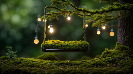 Moss swing  bed for newborn whit effects of small led lights - obrazy, fototapety, plakaty
