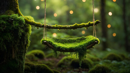 Moss fur swing on the branch whit effects of small led lights - obrazy, fototapety, plakaty