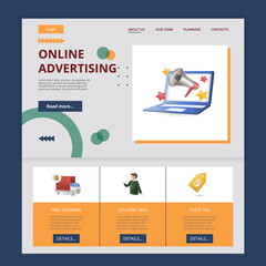 Online advertisment flat landing page website template. Free shipping, delivery man, price tag. Web banner with header, content and footer. Vector illustration.