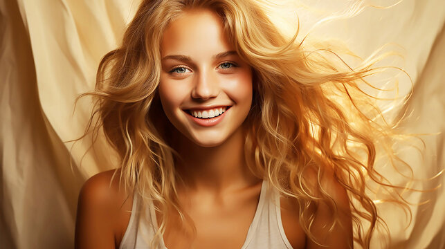 Beautiful woman with blonde hair covers on a beage studio background