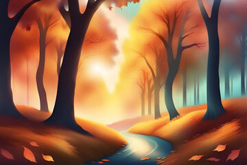 Autumn forest with a river. Vector illustration. Generative AI