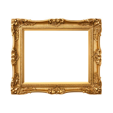 Old Antique Vintage rectangle gold picture frame isolated on transparent png and white background