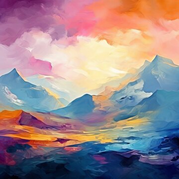 a painting of mountains and colorful sky
