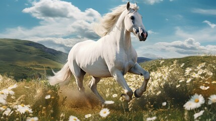 Obraz na płótnie Canvas A white horse galloping freely across a sprawling meadow.
