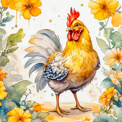 Cute little chicken cartoon in watercolor painting style.