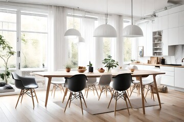 an airy, Scandinavian dining room with a light wood table, Eames chairs, and minimalist decor.
