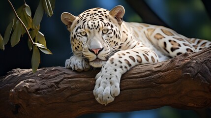 A white jaguar lounging on a tree branch, exuding elegance and power.