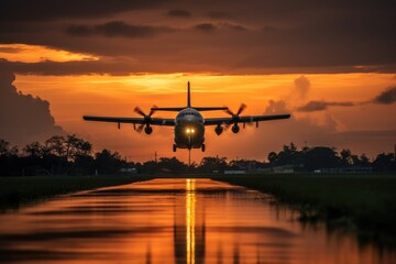 Jetliner Approaching Runway at Sunset - obrazy, fototapety, plakaty