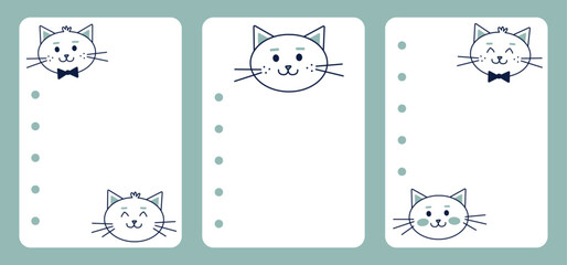 Printable notes template in vector with cute kawaii cats. Stationery for kids with wish list and note. Scrapbook notes, memo, diary, page notebook, daily planner and cards. Printable kids checklist