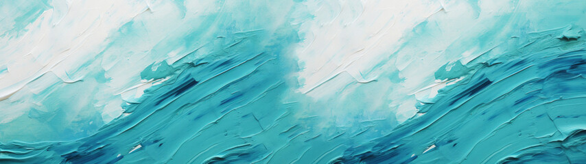 Closeup of abstract rough tuquoise, blue, white art painting, with oil brushstroke, pallet knife painting as texture and banner